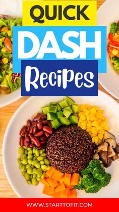 the words quick dash recipes are in front of two plates with vegetables and beans on them