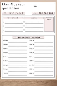 a printable planner with the words planificateur qutidien on it