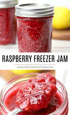 raspberry freezer jam in a mason jar