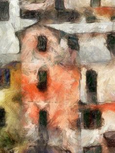 an abstract painting of some buildings and trees