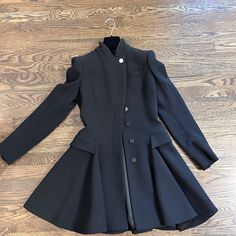 100% Double Wool Crepe Black Mcqueen Swing Jacket Size 40 Worn Only At The Mcqueen Fashion Shows So In Perfect Condition Fitted Outerwear With Stand Collar For Evening, Fitted Evening Outerwear With Stand Collar, Fall Outerwear With Stand Collar For Evening, Black Long Sleeve Jacket Dress For Fall, Designer Fall Blazer With Stand Collar, Designer Stand Collar Blazer For Fall, Designer Blazer With Stand Collar For Fall, Alexander Mcqueen Jacket, Mcqueen Fashion