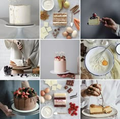 a collage of different cakes and desserts