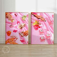 two pink posters with images of hands and food on them in front of a white wall