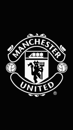 the manchester united logo is shown on a black background with gold lettering and a soccer ball