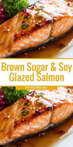 brown sugar and soy glazed salmon on a plate