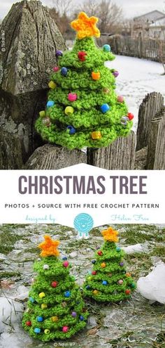 a crocheted christmas tree sitting on top of snow covered ground next to a wooden fence