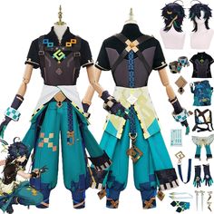 the legend of zeon cosplay costume is shown in various poses and sizes