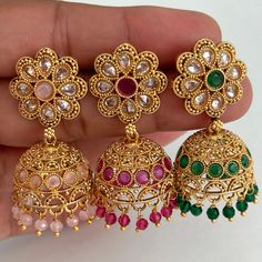 Gold plated Polki Jhumka Earrings/Jhumkas/Traditional ethnic earrings/Trendy earrings/Statement earrings/Bridal jewelry/Pakistani/Punjabi Luxury Traditional Jhumkas For Navratri, Luxury Meenakari Jhumkas For Ceremonial Occasions, Micro Crochet Earrings, Bridal Jewelry Pakistani, Jewelry Pakistani, Micro Crochet, Earrings Trendy, Ethnic Earrings, Jhumka Earrings