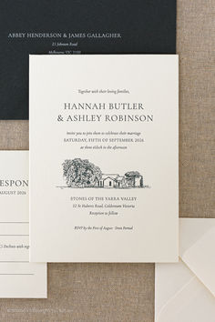 the wedding stationery is laid out on top of each other, including two envelopes