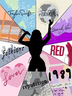 the silhouette of a woman holding a microphone in front of many different colored images and words