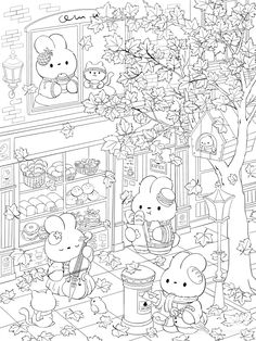 a coloring page with two little mice in front of a tree and bookshelf