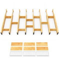 a set of four wooden shelves with metal bars on the bottom and one shelf above them