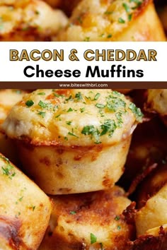 bacon and cheddar cheese muffins are piled on top of each other