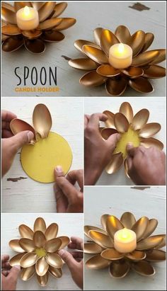 how to make a flower candle holder out of metal spoons and paper plates with candles