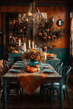 Dive into the warm embrace of this rustic dining nook, bathed in the soft glow of amber lights. Wooden walls, aged to perfection, and teal accents play host to an enchanting autumn tableau.  vibrant pumpkins, radiant candles, and a centerpiece boasting a riot of fall colors. Nearby, a reclaimed wooden shelf showcases vintage treasures, while the sunlight teasingly filters through old-world windows, casting mesmerizing shadows and inviting one to indulge in the spirit of Thanksgiving. Rustic Dining Room Sets, Thanksgiving Dining, Thanksgiving Wall Art, Autumn Dining, Halloween Tattoo, Holiday Wall Decor, Rustic Dining Room, Autumn Decorating, Thanksgiving Table Settings