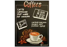 a chalkboard sign advertising coffees with prices on the front and back side, along with an image of a cup of hot chocolate milkshake