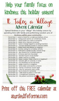 a printable holiday calendar with the words help your family focus on kindness this holiday season