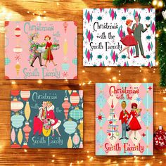 three christmas cards with children's pictures on them and lights in the background,