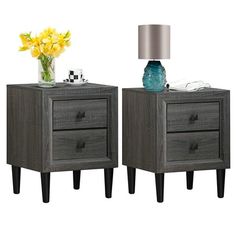 two nightstands side by side with yellow flowers in vase and one on the other