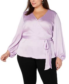 A glamorous, plus size charmeuse blouse from I.N.C. International Concepts flatters with a surplice-style neckline and a waist-defining wrap tie.
&lt;ul&gt;
 	&lt;li&gt;Approx. model height is 5'10&quot; and she is wearing size 2X&lt;/li&gt;
 	&lt;li&gt;Loose fit; hits at hip&lt;/li&gt;
 	&lt;li&gt;Surplice neckline&lt;/li&gt;
 	&lt;li&gt;Matching belt ties at waist&lt;/li&gt;
 	&lt;li&gt;Long blouson sleeves&amp Plus Size Belts, Plus Size Blouse, Blouson Sleeve, Purple Blouse, Wrap Blouse, Plus Size Blouses, Inc International Concepts, Belts For Women, Plus Size Tops