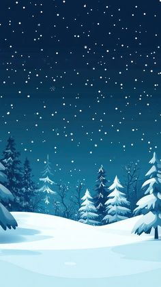 a snowy night with trees and stars in the sky