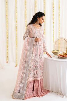 Malangi Fashion Dress try to make sure you have the best experience while selecting and buying your favourite Indian and Pakistani Outfits for any occasion like barat, walima, mehndi, nikkah, dholki, mayu, sangeet, engagement or reception guest in different style dress of salwar kameez, maxi peshwas, gown, saree, lehenga, sharara or ghararara Color : pink Fabric Details: handmade Embroidered Kameez (organza) front Embroidered Kameez (organza back Embroidered Sleeves (organza) Embroidered Dupatta Pakistani Boutique, Crystal Work, Pakistani Designer Clothes, Eid Party, Organza Sleeves, Embroidered Organza, Luxury Wear, Heavy Embroidery, Organza Dupatta