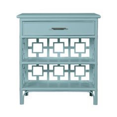 a blue nightstand with two drawers and one drawer on the top, in front of a white background