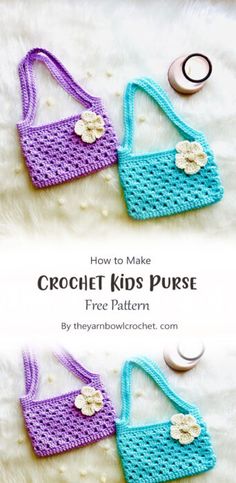 two crocheted purses with flowers on them and the text how to make crochet kids purse free pattern