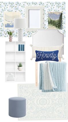 blue and white bedroom design board with pillows, blanket, lamp, bookshelf