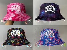 Made to order- Prepare to get tons of compliments in this hat! This pink trippy Lsdream bucket hat has charms attached all the way around except for in the front so your vision isn't impaired. Note: Some charms may very per hat due to stock, but I try to keep them as close to the ones in the pictures as possible. If there are any certain charms you would like to request please don't hesitate to message me! :) Pink Trippy, Hat Bar, Festival Rave Outfit, Edm Rave, Rave Accessories, Edm Festival, Rave Outfit, Festival Style, Rave Festival