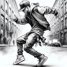 a black and white drawing of a man skateboarding on the street with buildings in the background