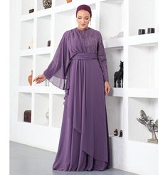 Modefa Modest Formal Cape Dress G569 - Purple Formal Cape, Elegant Cape, Cape Designs, Belt Design, Belt Style, Cape Dress, Asymmetrical Skirt, Rounded Neckline, Formal Style