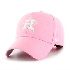 a pink baseball cap with the letter h on it