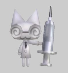 a cartoon character holding a syringe next to a white cat figure in front of a gray background