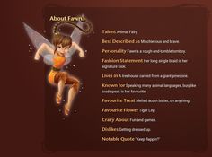 an image of a fairy on a brown background with words describing the name and description