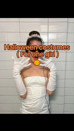 a woman in a white dress with headphones on her ears and the words halloween costumes for one girl