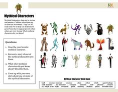 an article about mythical characters is shown in the text above it, and below it are pictures of different types of creatures