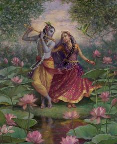 two women are dancing in front of water lilies and one is holding a flute