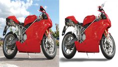 two pictures of a red motorcycle side by side