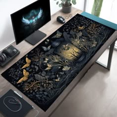 a computer desk with two monitors and a large rug on the floor in front of it