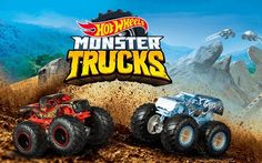 two monster trucks driving through dirt with mountains in the background