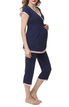 A supersoft pajama top is designed to adapt to your changing body during and after pregnancy with a flattering surplice neckline and Empire waist. A hidden layer along the neck can be pulled aside for easy and discreet nursing. Comfy capri-length pants complete the set. 28" top length; 20 1/2" inseam; 16 1/2" leg opening; 15 1/2" front rise; 17 1/2" back rise Top has surplice V-neck; cap sleeves Pants have elastic/drawstring waist Unlined 95% rayon, 5% spandex Machine wash, tumble dry Imported Spring Nursing Friendly Sleepwear, Spring Maternity Nursing Friendly Sleepwear, Maternity Nursing Pajamas, Maternity Sleepwear, Nursing Pajamas, Nursing Maternity, Maternity Pajamas, Soft Pajamas, Nursing Tops