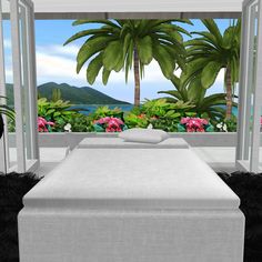 a white bed sitting in front of a window next to a lush green palm tree