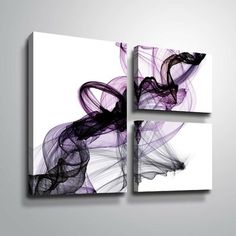 three abstract paintings on the wall in purple and black colors, each with different shapes