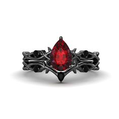 Black And Red Engagement Ring, Gothic Wedding Rings Engagement, Black Ruby Anniversary Ring, Black Ruby Ring For Anniversary, Elegant Black Ruby Ring, Black Round Ruby Ring, Round Black Ruby Ring, Black Ruby Wedding Jewelry, Black Ruby Jewelry For Wedding