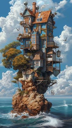 a house on top of a rock in the middle of the ocean with birds flying around