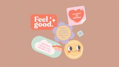 an assortment of stickers on a pink background with the words feel good above them