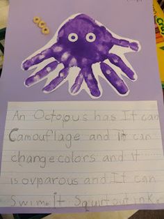 an octopus handprinted on a piece of paper with words written in front of it