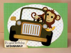 a birthday card with a monkey driving a car