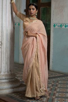 Buy Gold Embroidered Zardozi Work Border Saree With Running Blouse For Women by Sheela Suthar Online at Aza Fashions.